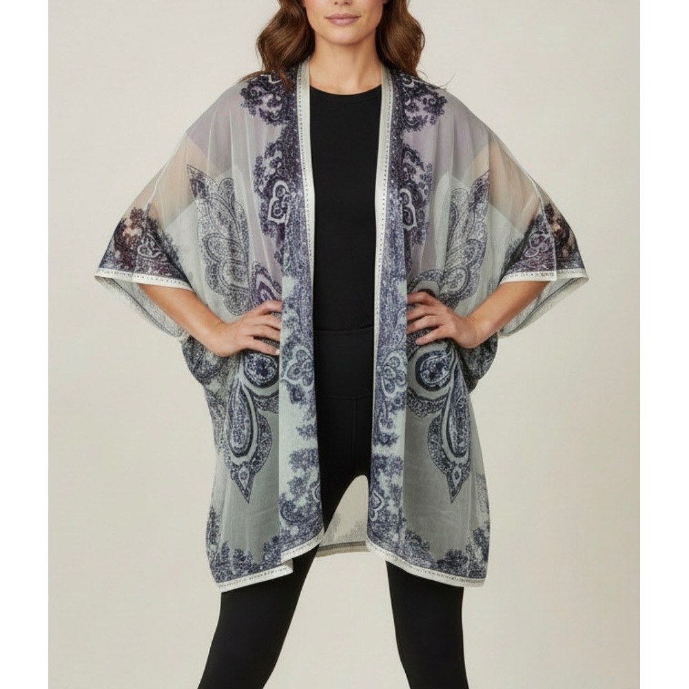 Chicos Silk Blend Paisley Kimono Wrap Sheer Sparkle Blue White One Size